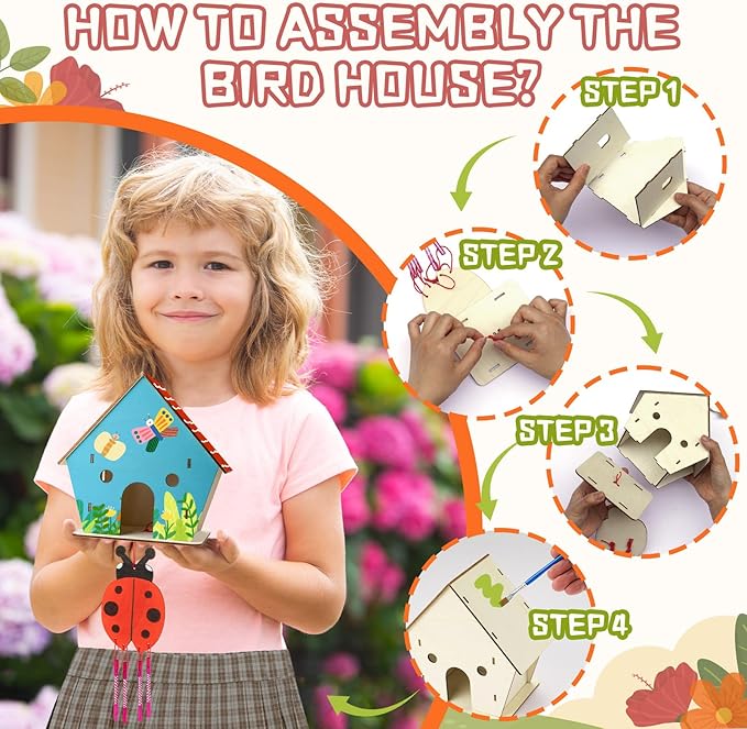 DoodleDoo 8 Pack Bird House & Wind Chime Kits, Buildable Birdhouse DIY Crafts for Kids Ages 4-8 8-12, 3+ Summer Arts and Craft for Children Boy Girl to Build, Valentine's Day Gift