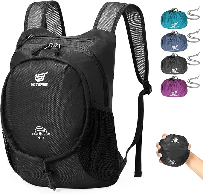 SKYSPER 15L Lightweight Small Hiking Backpack for Women Men, Foldable Travel Daypack, Packable Camping Backpack, Mini Outdoor Hiking Bag (Black)