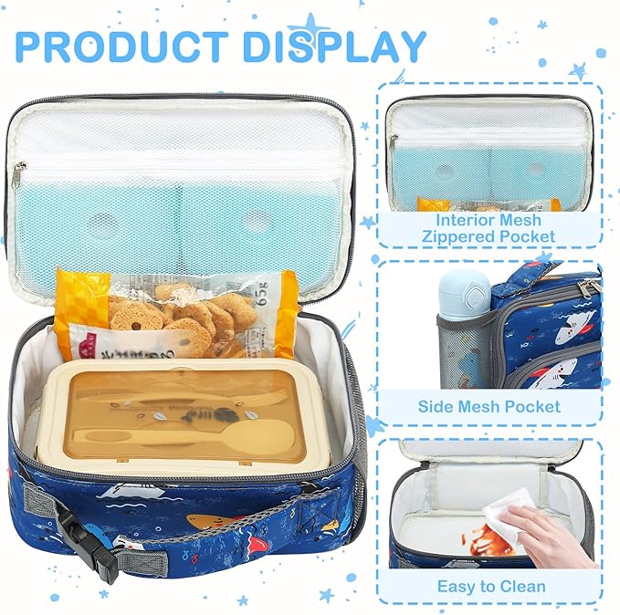 FlowFly Kids Lunch box Insulated Soft Bag Mini Cooler Back to School Thermal Meal Tote Kit for Girls, Boys, Colorful-Shark
