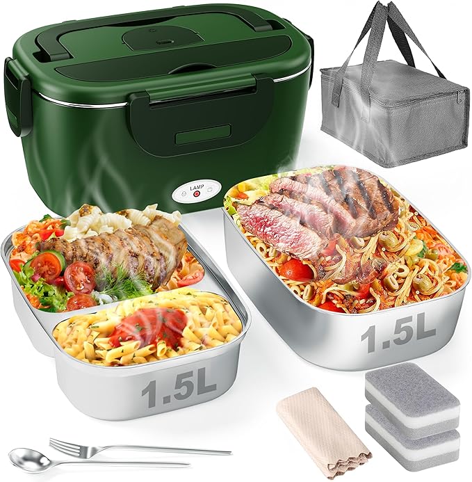 Geveniss Electric Lunch Box for Adults, Heated Lunch Box for Car and Truck, Portable Food Warmer for Office Work, 80W Fast Heating, Dual Removable 1.5L Stainless Steel Containers