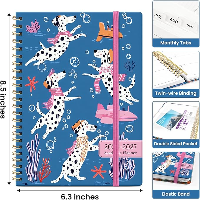 Planner 2026–2027, Academic Monthly Weekly Spiral Calendar, July 2026 – June 2027, Hardcover Agenda Notebook with Tabs, 6.3" x 8.5", Perfect for Students, Teachers, School & Daily Planning - Submerged Dalmatians