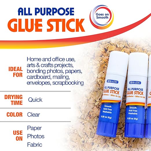 BAZIC Products Premium Glue Stick 8g/0.28 Oz., Multi-Purpose Acid Free, Glue Sticks, for Photos Paper Kids Art Craft at School Home Office, Total 288-Count