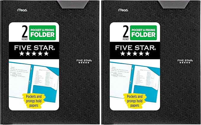 Five Star 2-Pocket Folder, Plastic Folder with Stay-Put Tabs and Prong Fasteners, Holds 8-1/2" x 11" Paper, Black (72113) (Pack of 2)