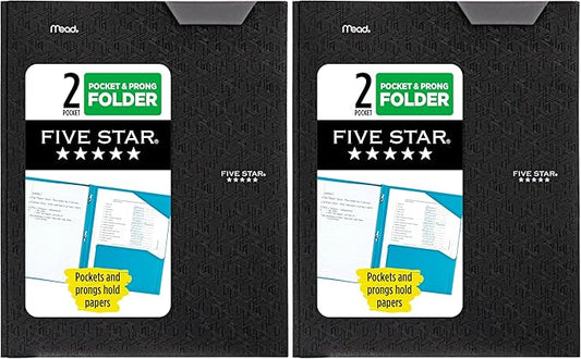Five Star 2-Pocket Folder, Plastic Folder with Stay-Put Tabs and Prong Fasteners, Holds 8-1/2" x 11" Paper, Black (72113) (Pack of 2)