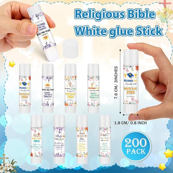 Zubebe 200 Pcs White Glue Stick Bulk Back to School Gifts First Day Sets 0.32 oz Washable Glue Stick for Crafts Home Classroom Prize Party Supplies Scrapbooking Crafting Supplies (Bible)