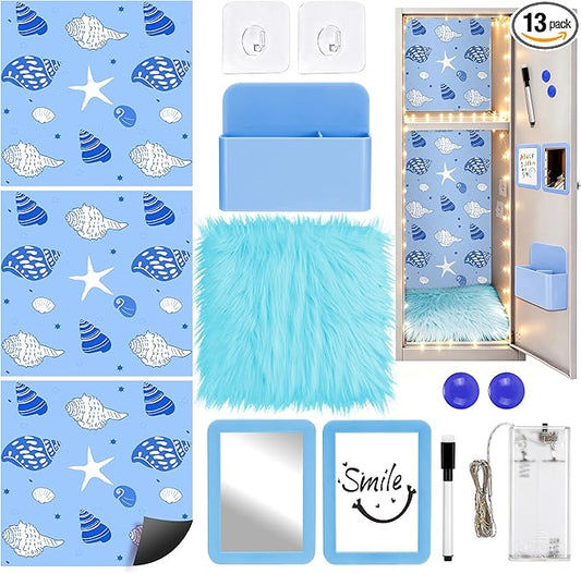 Elfcool 13 Pcs Locker Accessories Kit, Locker Decorations for Girls Boys Magnetic Pen Holder, Mirror, Whiteboard, Wallpaper, Magnets, Plush Rug, String Light, Back to School Essentials (Blue)