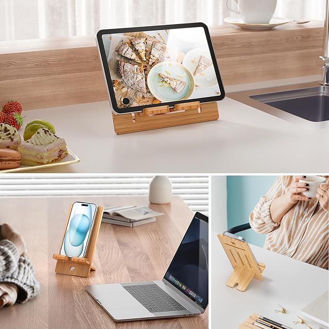 Pezin & Hulin Wooden Bamboo Cell Phone Stand, Wood Charging Dock Holder, Portable Desktop Phone Rack, Compatible with Mobile Phone and Tablet -Slim Version