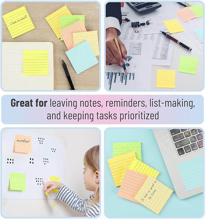 Mr. Pen- Lined Sticky Notes, 3" x 3", 6 Pads, 45 Sheets/Pad, Pastel Color, Sticky Notes with Lines, Ruled Post Stickies, Memo Pads, Self-Stick Note Pad for Office, School, Home, Study