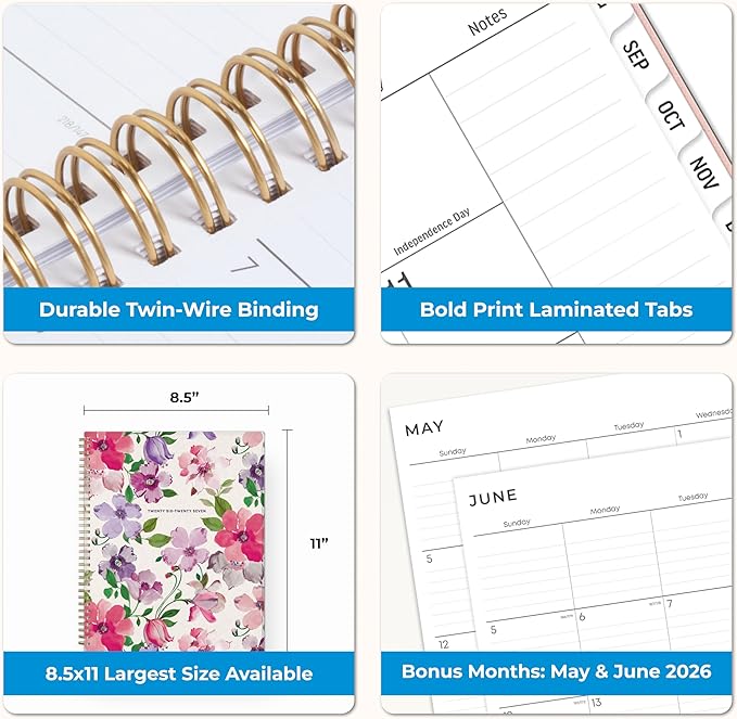 Blue Sky 2026-2027 Large Print Weekly and Monthly Academic Year Planner Calendar, July 2026 - June 2027, 8.5" x 11", Flexible Cover, Wirebound, Storage Pocket, Laminated Tabs, Charlotte