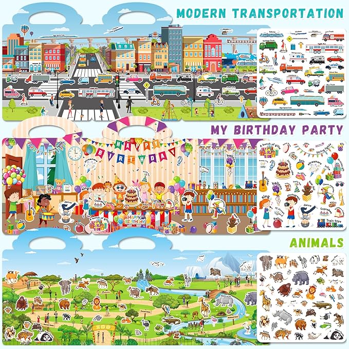 3 Sets Reusable Sticker Books for Toddlers 3-6 Years, Large Jelly Sticker Activity Books for Kids, Travel Toys for Toddlers Ages 3+ Girls & Boys