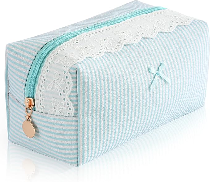 Makeup Bag Travel Toiletry Bag for Women, Small Cosmetic Bags with Lace Trim Cute Green Stripe Aesthetic Organizer Makeup Pouch for Purse Emergency Bag Pencil Case Accessory Bag