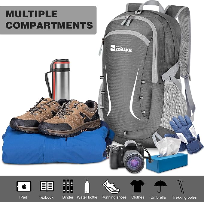 ZOMAKE Lightweight Packable Backpack 35L, Foldable Backpacks Water Resistant Collapsible Light Daypack for Hiking(Medium Grey) | Light Hiking Backpacks Water Resistant Collapsible Day Pack for Travel, Everyday Carry, Multi-Pocket Layout, Heavy Duty Nylon