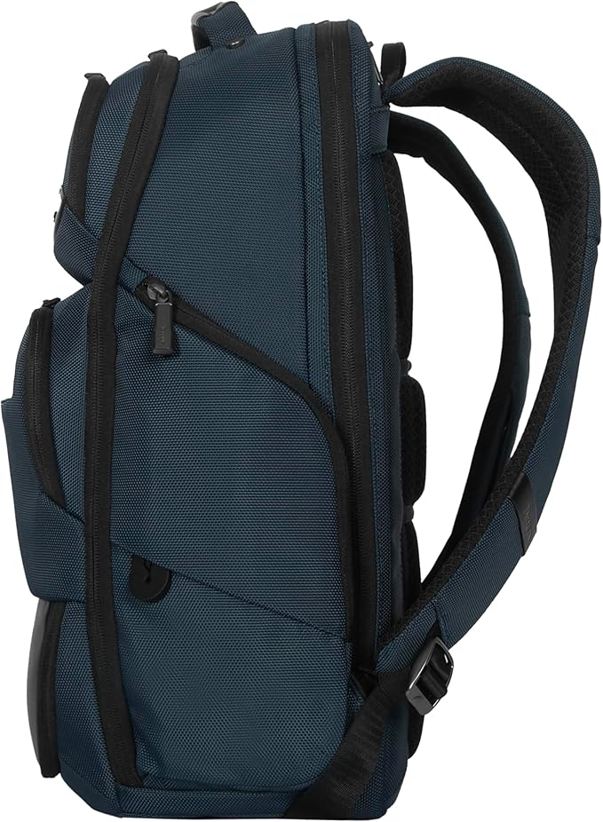 Targus HeritageLuxe Backpack 15-16” – Blue Laptop Bag with SafeSling Protection, RFID Pocket, USB-C Charging, Tracker Slot, Eco Fabric, Leather Accents - TBB65602GL