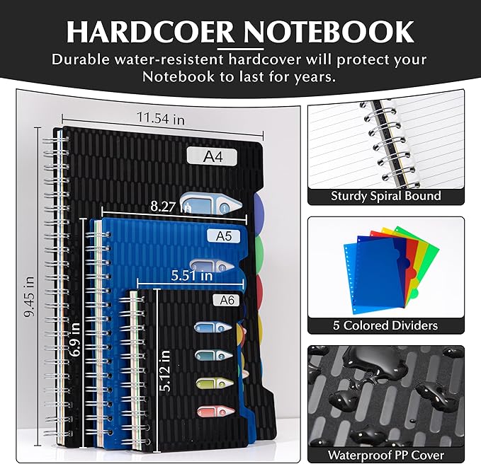 CAGIE 5 Subject Notebook with Dividers, 240 Pages Spiral Notebook 5x7, Small Spiral Notebook College Ruled,100gsm Lined Journal Notebooks with Tabs for Work, School,Office, Note Taking, Black