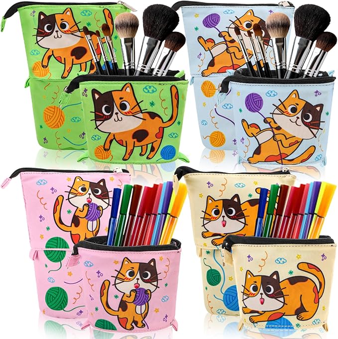 4 Pack Standing Pencil Case, Cute Cat Telescopic Pencil Storage Pouch Stationery Case, Portable Stand Up Makeup Bag Pencil Canvas Holder for Office Supplies, Cosmetics, Christmas Gift