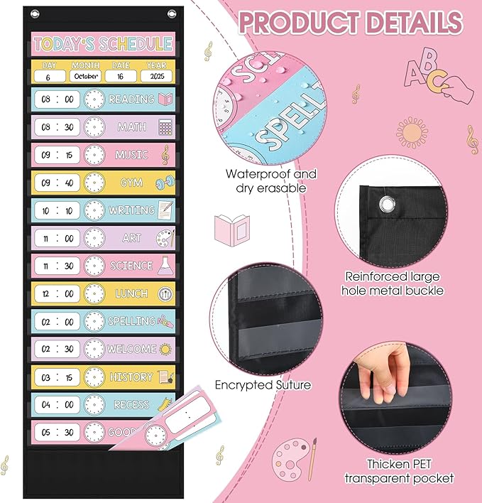 Pasimy Daily Schedule Pocket Chart for Classroom 15+1 Pockets with 31 Double Sided Reusable Cards 2 Magnetic Erasable Pens & Hangers Visual Schedule Chart School Office Home Decor(Black,Pastel)