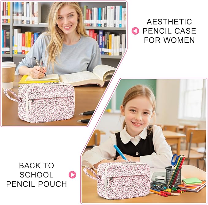 WOBAGMEN Quilted Pencil Pouch for Girls Women, Large Pencil Case Pouch with Compartments Cute Aesthetic Pencil Case Organizer, Floral Pencil Bag for School Supplies (pink floral)