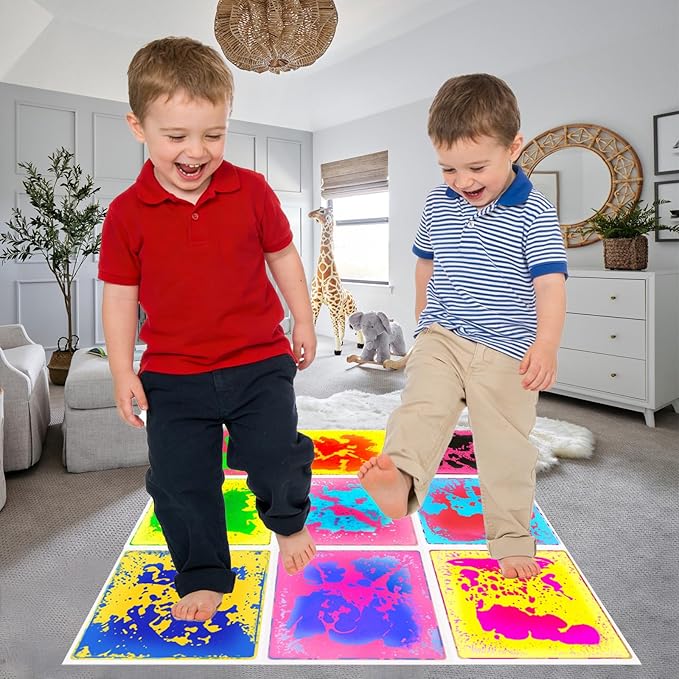 Liquid Sensory Floor Tiles for Kids: 12x12 Inch Active Play Mats for Kids Non-Toxic Leakproof - Non-Slip 9 Color-Changing Pads Stress Relief & Motor Skills Toys