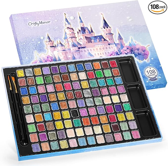CraftyManor Mini Glitter Watercolor Paint Set with Paper, 108 Colors Shimmer Metallic Watercolour Painting Sets, Solid Pearl Water Color Paints, 1ml Trial Package(1ml 108 Colors)