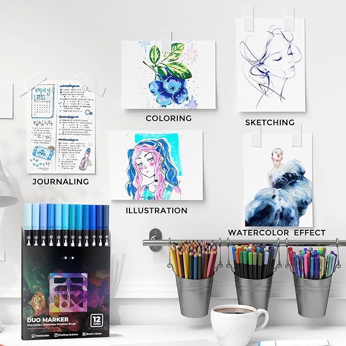 ZSCM Blue Duo Tip Marker Pens, 12 Pack Fine & Brush Markers for Adult Coloring Books No Bleeding, Ocean Blue Markers for Sky & Sea Landscapes, Water Effects, Calming Mandalas and Journaling