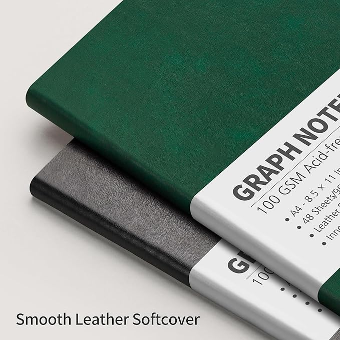 RETTACY Graph Grid Paper Notebook, 96 Pages, A4 Large Size (8.5'' x 11''), 5 Squares per Inch, Leather Softcover, 100 GSM Thick Paper, for School, Students, Math, Engineering (Dark Green)