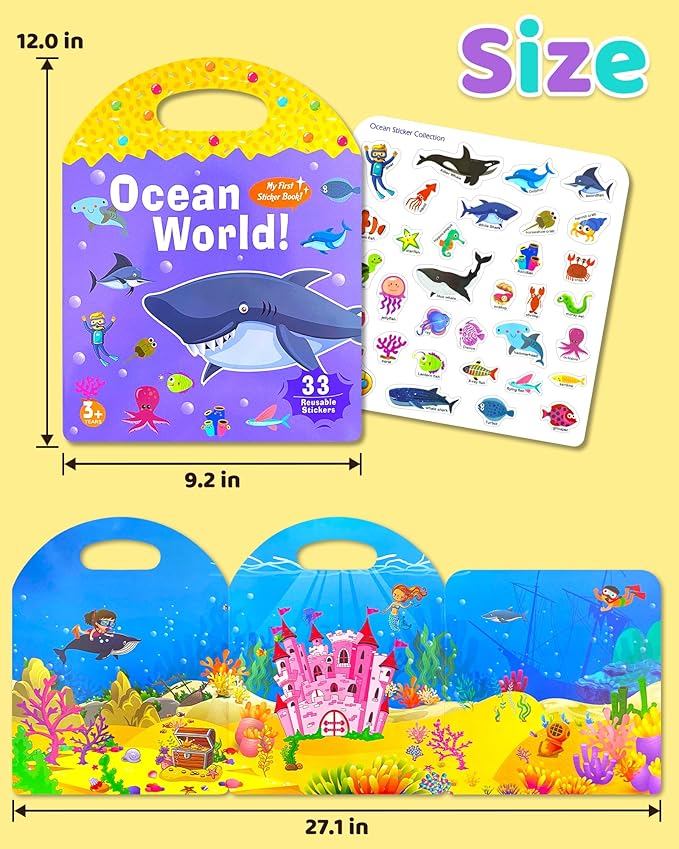 Benresive Reusable Sticker Book for Toddlers, Travel Stickers for Kids, Toddler Crafts Activities Toys, Birthday Gifts for Boys & Girls - Ocean World