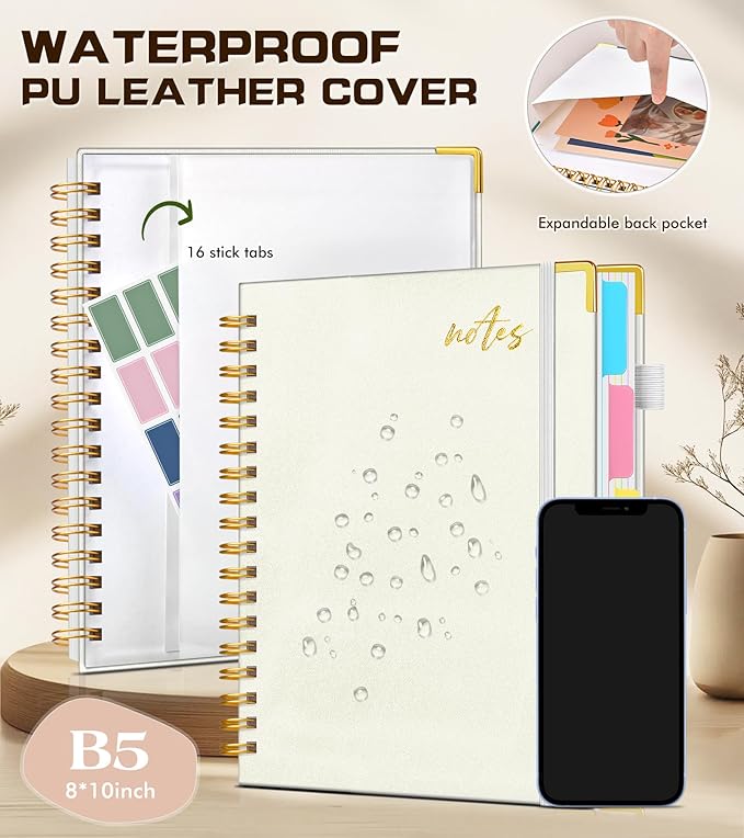 5 Subject Spiral Notebook Journal with Removable Dividers Tabs, 300 Pages Organizer Notebooks for Work School, 8"x10" Hardcover Leather Notebook College Ruled, Large Lined Journal for Women Men,White