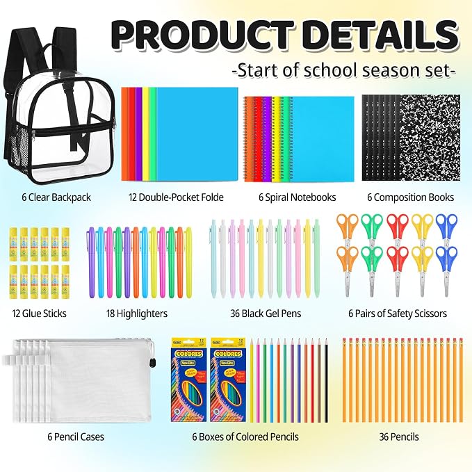 150 Pcs/ 6 Sets Back to School Supplies Bulk Clear Backpack with School Supplies Kit Backpack Composition Books Notebook Pencil Folders Scissor Sticky Notes Pad Glue for Classroom Office Budget Supply