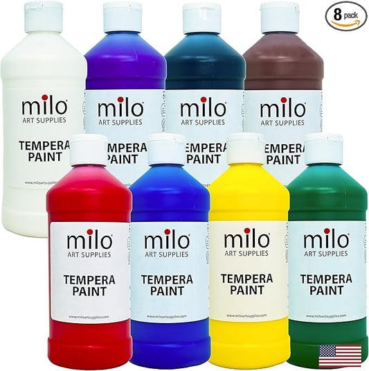milo Washable Paint for Kids | 8 Colors 16 oz Bottles | Made in the USA | Safe and Non-Toxic Tempera Paint for Arts & Crafts, Poster, Windows for Toddlers, Children, Classroom, School, Project
