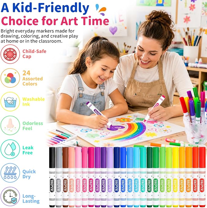 Markers Bulk, 144 Washable Markers for Kids Classroom, 24 Colors