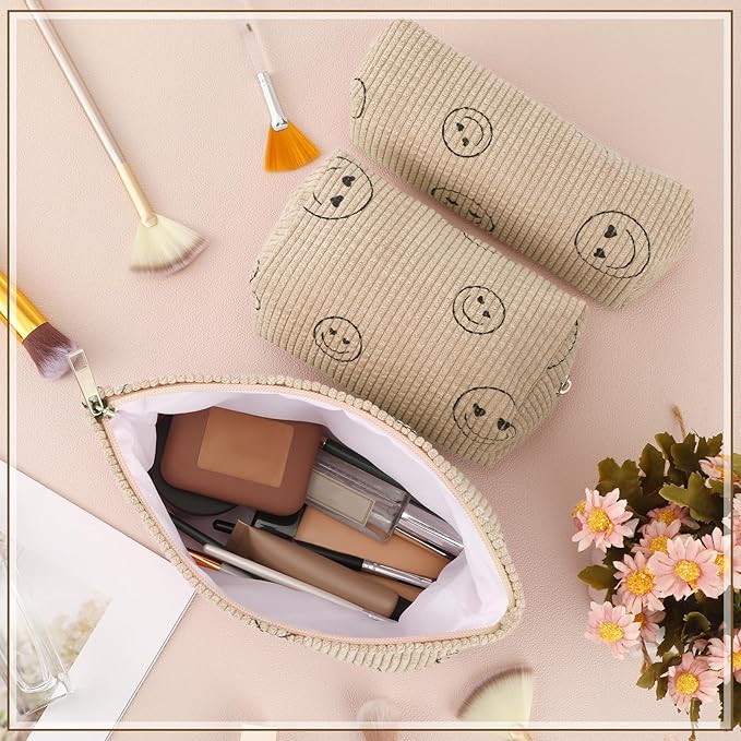 Huhumy 3 Pcs Makeup Bag Set for Women Corduroy Cosmetic Pouch Aesthetic Smile Travel Toiletry Bag Cute Purse Pouch Pencil Case Makeup Brushes Storage Organizer with Zipper(Khaki,Smile Face)