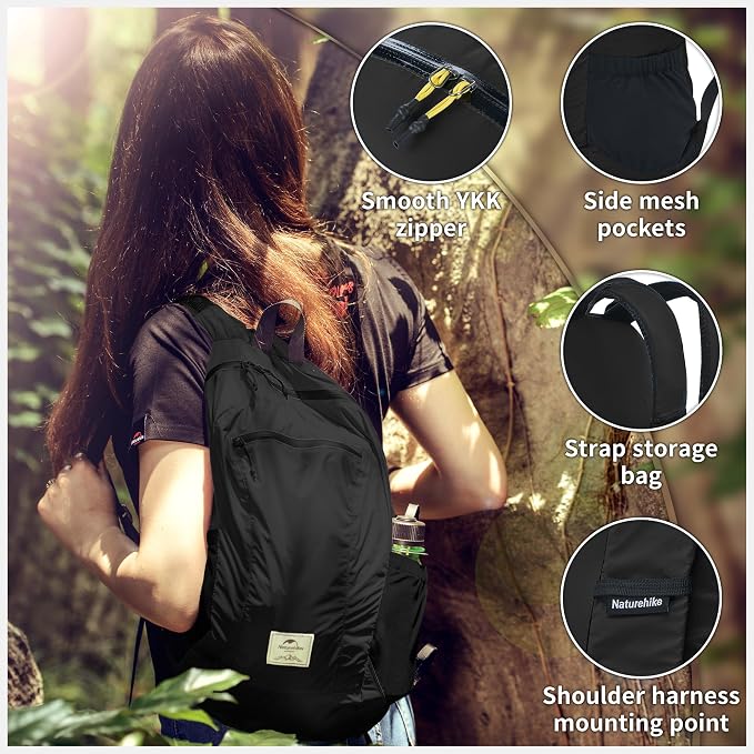 Naturehike 25L Lightweight Hiking Backpack, Waterproof Camping Packable Backpack Ultralight for Travel, Airplane, Small Hiking Daypack for Adults, Black