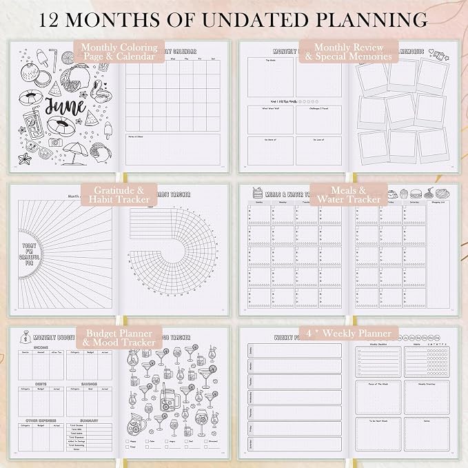 Everloria Premade Dotted Journal Notebook, 12 Months Pre-made Bullet Templates, 260 Hand-Drawn Coloring Pages, Undated Weekly & Monthly Planner, 7.8"x9.3" Linen Dot Grid Habit Mood Tracker, Sage Green