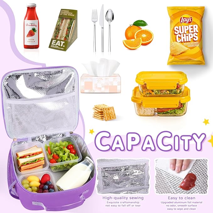 Nsrzua Lunch Bag Kids,Insulated Lunch Bag With Adjustable Shoulder Strap,Reusable Lunch Bag for Kids, Girls,Boys, lunch Bag Women,Preppy Lunch Box for School,Travel, Picnic (purple)