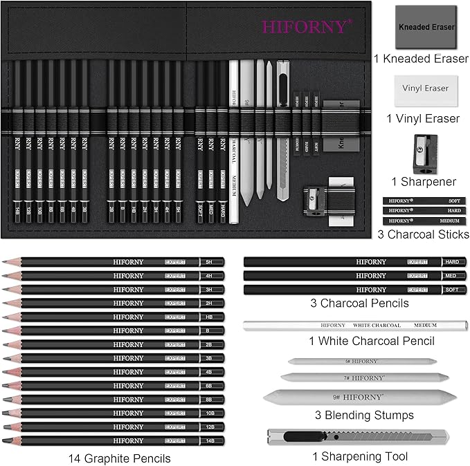 HIFORNY 28 PCS Sketching Drawing Pencil Set,Sketch Pencils Art Supplies with Graphite,Charcoal,Blending Tools,Accessories,Drawing Kit for Adults Artists in Canvas Roll Up Case