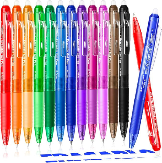 sunacme Retractable Erasable Gel Pens, 12 Color Fine Point Erasable Pens Clicker, Make Mistakes Disappear, Assorted Ink for Drawing, Writing, Planner & Crossword Puzzles (0.7mm, Pack of 12)