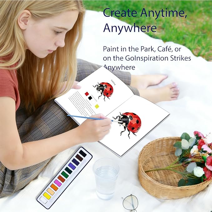 CraftyManor 2Pcs Watercolor Workbook Creative Water Color Paint Book Set with Paints & Brush, 12 Patterns of Original DIY Designs, Beginner-Friendly Adult Coloring Books (Insect & Mushroom)