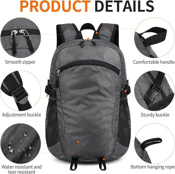 Small Hiking Backpack Travel Lightweight Hiking Packable Daypack Water-Resistant Foldable Backpacks 15L for Travel Women Men Camping (Grey)