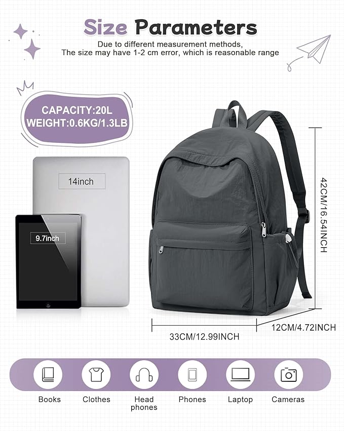 BJLFS Grey Backpack for School Women Girls, Waterproof Bookbag Cute High School Back Pack for Men Teen Boys, Lightweight Travel College Backpack Mochilas Escolares para Casual Daypack Rucksack