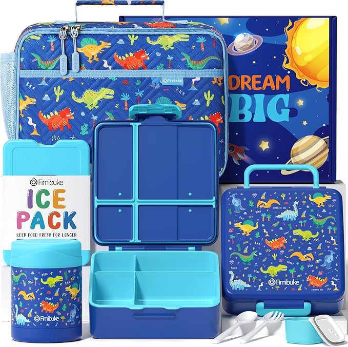 Fimibuke Kids Bento Snack Lunch Box with 4 Compartment, Insulated Lunch Bag, Stainless Steel Vacuum Thermo Food Jar, Ice Pack, Utensils Set, Birthday Gifts for Age 3-12 Back to School Toddler Girl Boy