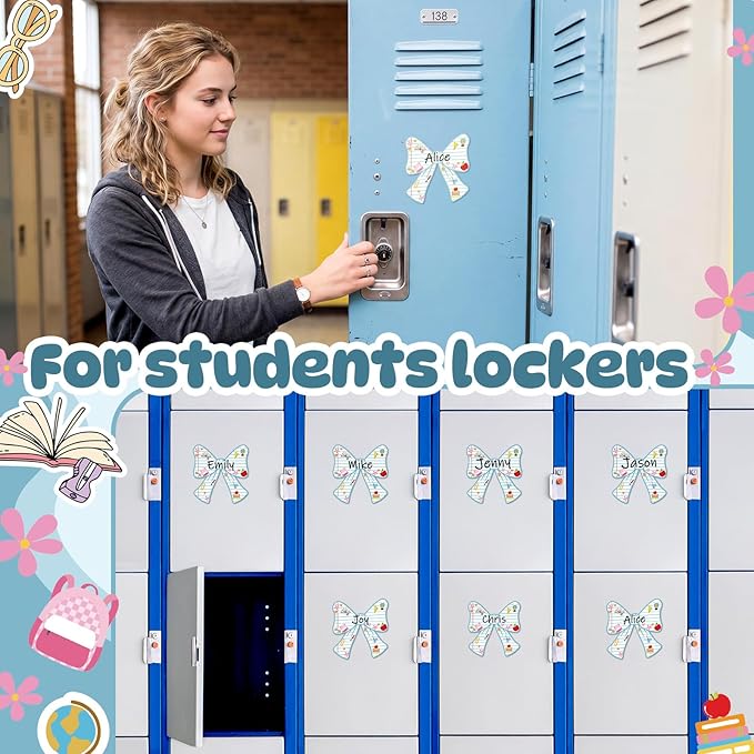 Crtiin 42 Pcs Back to School Bow Magnetic Name Tags Set for Lockers 4 Inch Notebook Design Bow Dry Erase Labels Magnetic Reusable Name Tags for First Day of School Whiteboard Classroom Party Decor