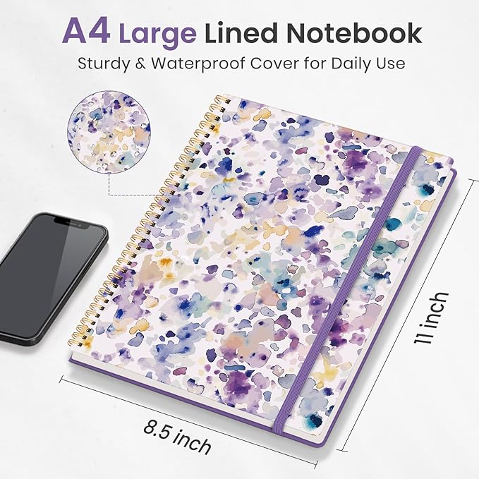Taja Large Spiral Lined Journal for Women, 8.5" x 11" Notebooks for Work Collge Ruled, A4 Aesthetic Cute Journaling Notebooks for Writing, Plastic Cover, Purple Blocks