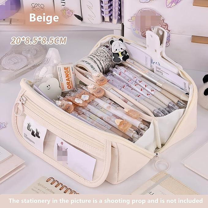 Pencil Case Pouch Box Cute Kawaii Large Capacity Aesthetic Zipper Pen Holder Organizer Bag for Kids (Z-Beige)