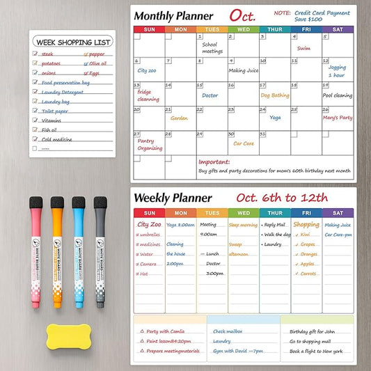 Dry Erase Magnetic Calendar for Refrigerator, 3 Pack- Monthly & Weekly & Daily Planner Magnet Whiteboard for Fridge Wall Door - Shopping, Meal/Menu, to Do List, Family Schedule Planning Board (C)