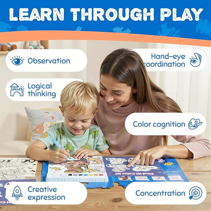 JoyCat Find & Color Paint with Water Coloring Books for Toddlers, Educational Seek and Find, No Mess Art & Craft Toy, Fun Learning Activity for Kids Ages 3-5 4-8, Gift for Girls Boys (Dinosaurs)