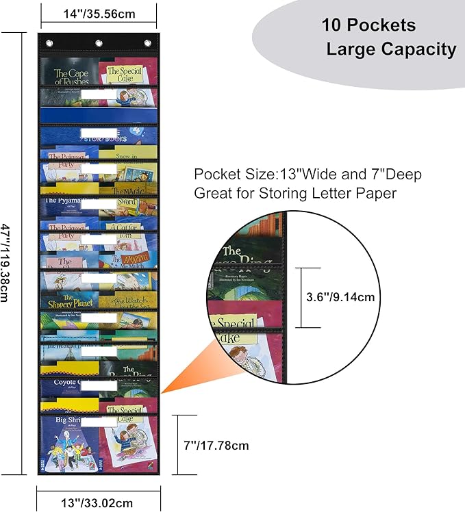 ABCxGOOD 10 Pockets Hanging Wall File Organizer, Transparent Clear Pockets Storage Chart with Over Door Hooks for Office, Classroom & Home, File Folder & Paper Organizer, Includes Labels (10 Pockets)