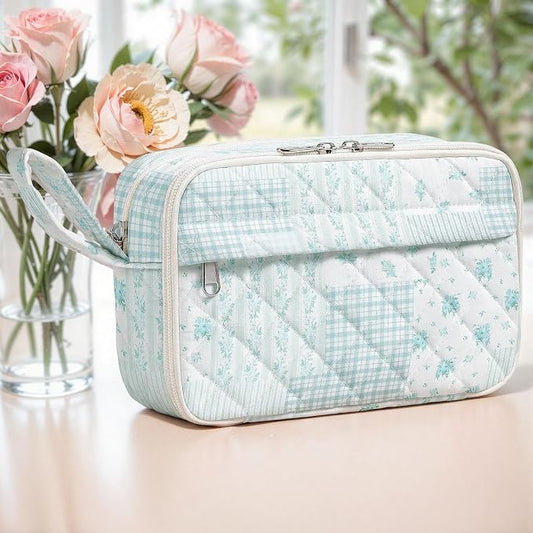 WOBAGMEN Quilted Pencil Pouch for Women, Large Capacity Pencil Case with Compartments, Cute Aesthetic Pencil Organizer, Floral Stationery Pouch（Green Floral Patchwork）