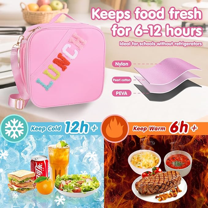 Nsrzua Lunch Bag Kids,Insulated Lunch Bag With Adjustable Shoulder Strap,Reusable Lunch Bag for Kids, Girls,Boys, lunch Bag Women,Preppy Lunch Box for School,Travel, Picnic (pink)