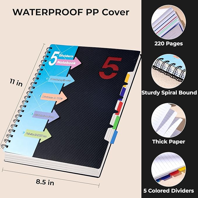CAGIE 5 Subject Notebook 8.5 x 11，A4 Spiral Notebooks College Ruled Spiral Notebook with Dividers Tabs，220 Pages Lined Spiral Notebook for Note Taking, School, Work, Black