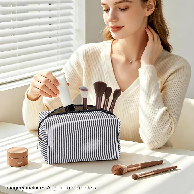 Makeup Bag Set for Women, 4PCS Travel Cosmetic Bags Pencil Case, Striped Seersucker Toiletry Organizer Pouches, Cute Makeup Pouch for Purse, Accessories and Gifts, Navy